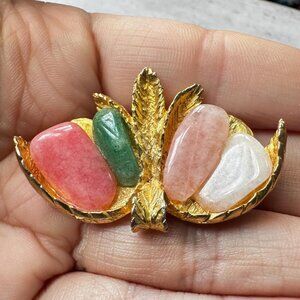 Vintage Glass Cabochon Leaf Brooch I Pink Green and White I Gold Tone Dainty & E